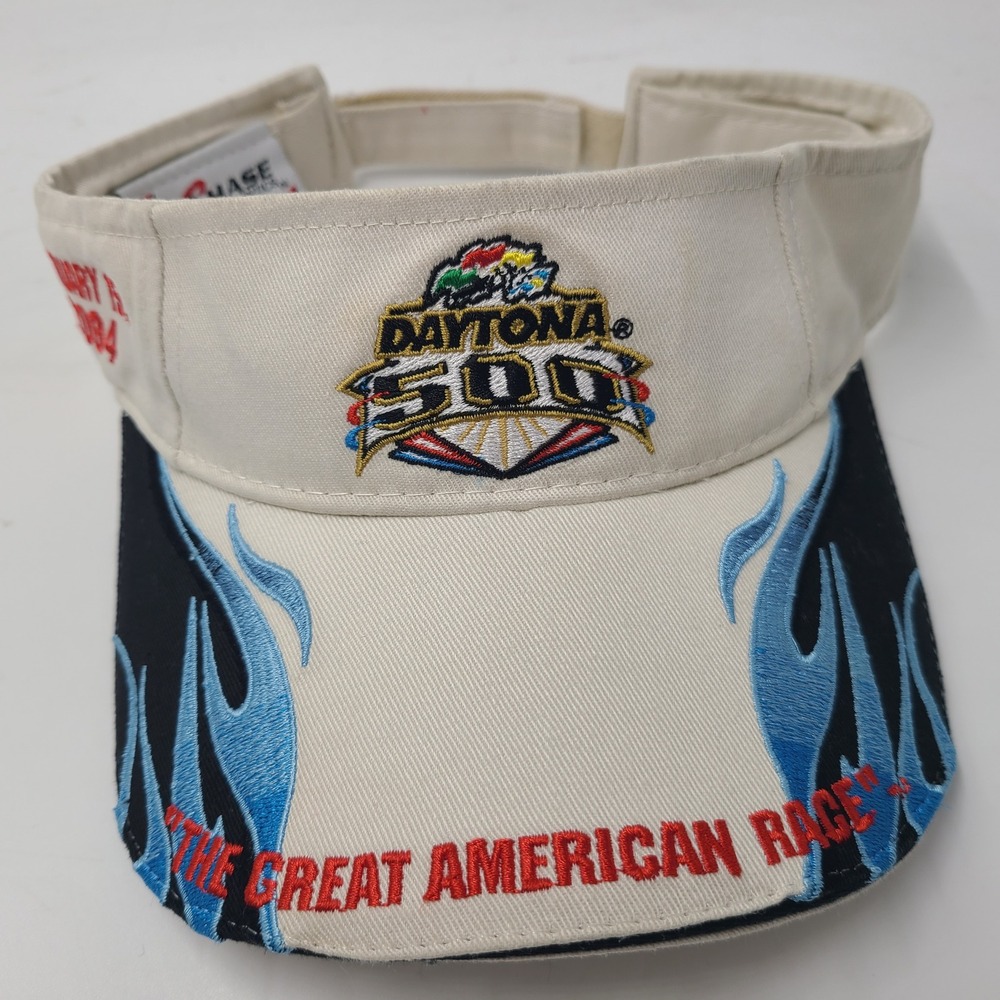 Vintage Daytona 500 Visor Hat Adjustable Chase Beige NASCAR 2004 Flames Logo Men